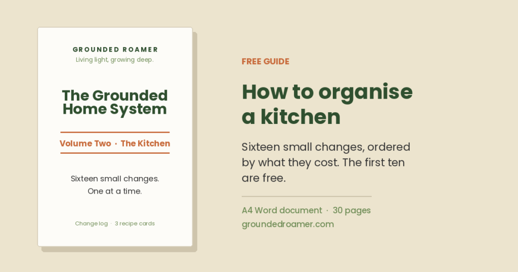 Volume Two of The Grounded Home System, a free A4 guide to organising a kitchen, open on the drawer pages